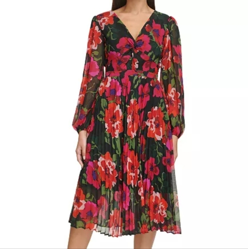 Kensie Black Floral Chiffon V-neck Pleated Long Sleeve Midi Spring Dress Size 4